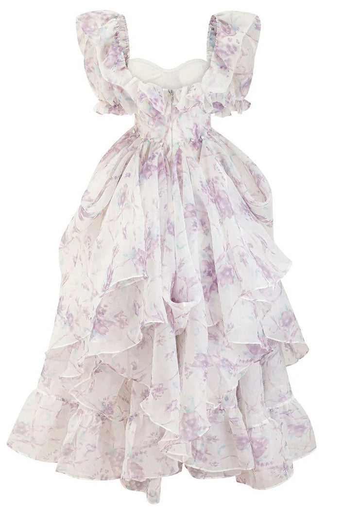Robe de bal romantique à manches bouffantes et volants superposés en organza floral 