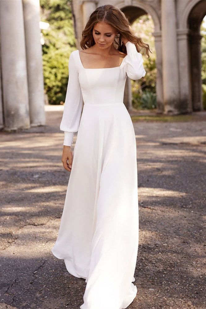 Weitese Dress Romantic Square Neck A Line Long Sleeves Wedding Dress A-line Floor Length Bride Dress