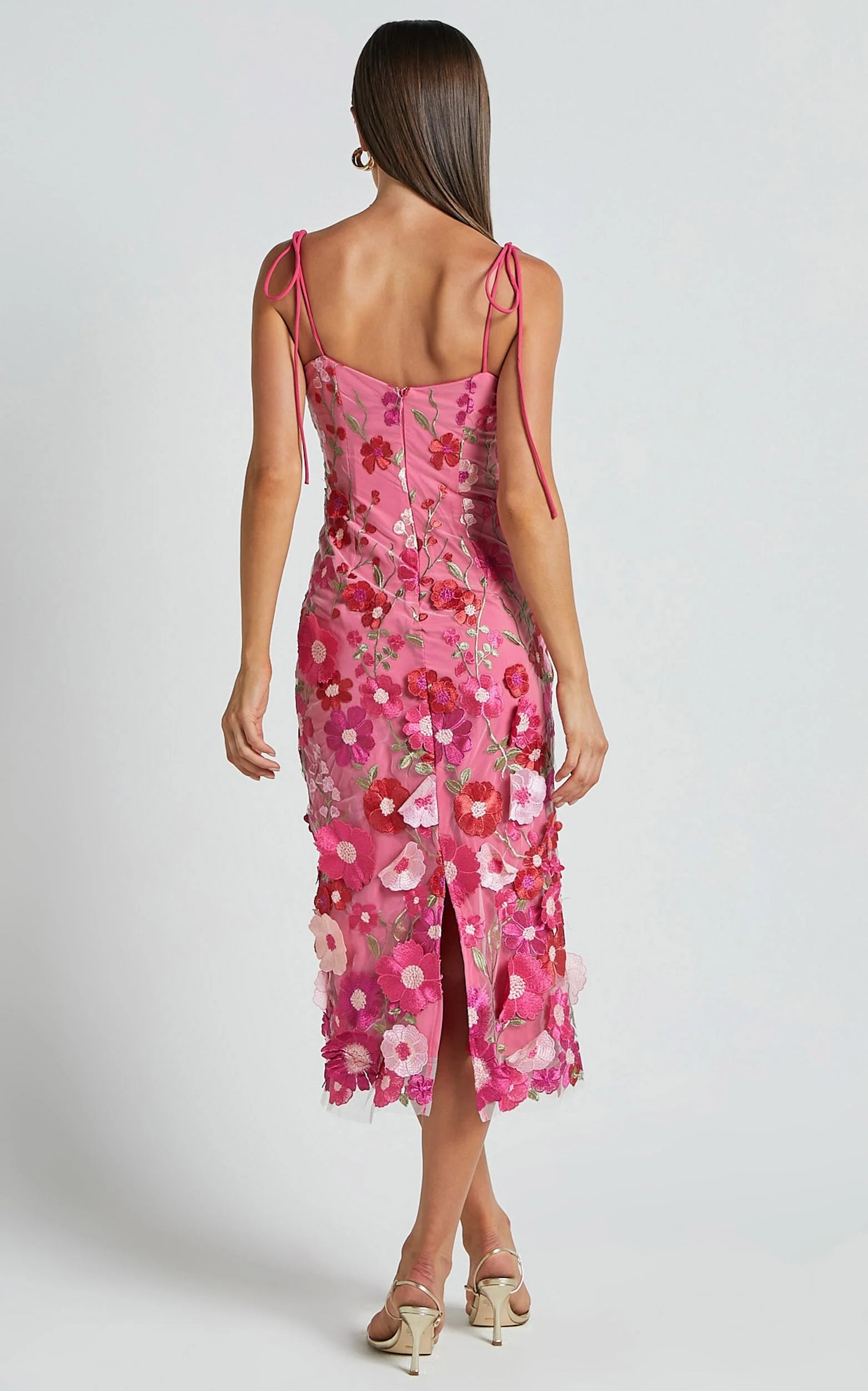 Weitese Dress Romantic Straight Neck Tie Strap Midi Dress Pink Column Sleeveless Backless Spaghetti Straps Evening Dress