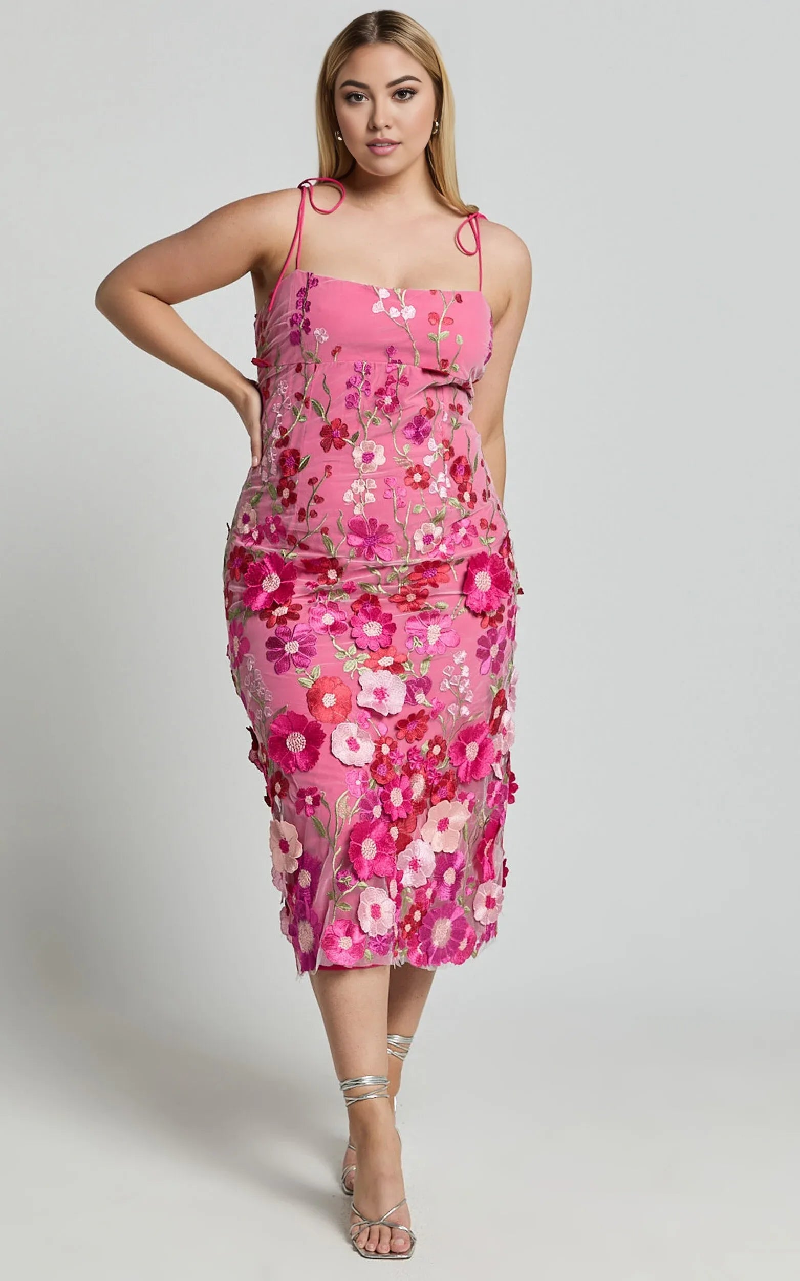 Weitese Dress Romantic Straight Neck Tie Strap Midi Dress Pink Column Sleeveless Backless Spaghetti Straps Evening Dress