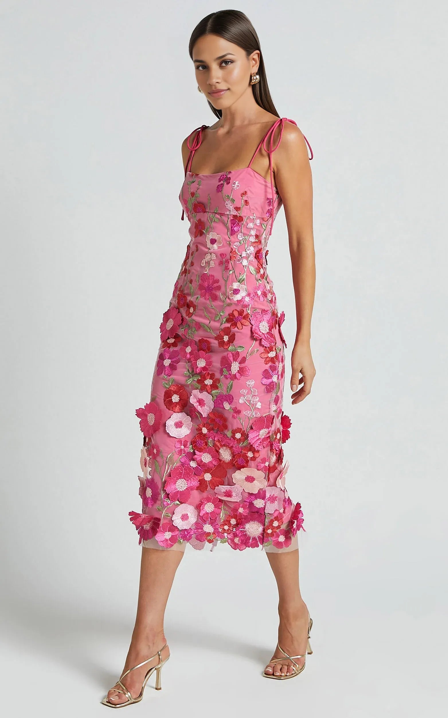 Weitese Dress Romantic Straight Neck Tie Strap Midi Dress Pink Column Sleeveless Backless Spaghetti Straps Evening Dress