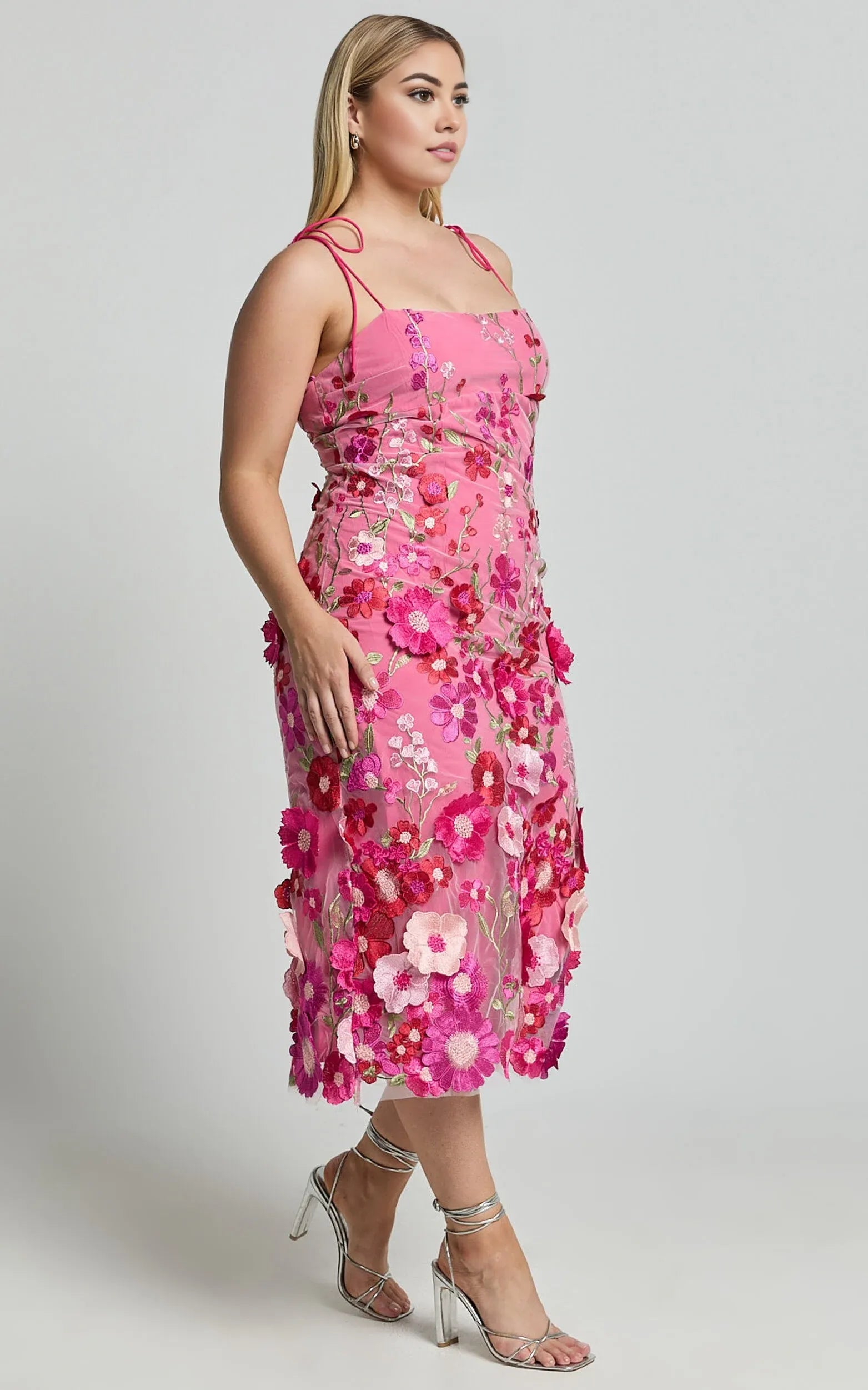 Weitese Dress Romantic Straight Neck Tie Strap Midi Dress Pink Column Sleeveless Backless Spaghetti Straps Evening Dress