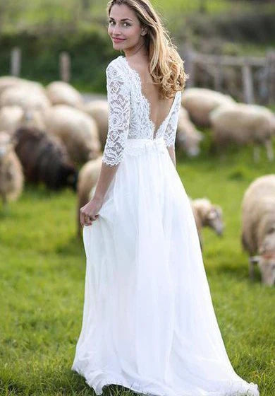 Weitese Dress Romantic V-neck Chiffon Lace A Line Floor-length Low-V Back 3/4 Sleeve Wedding Dress