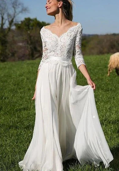 Weitese Dress Romantic V-neck Chiffon Lace A Line Floor-length Low-V Back 3/4 Sleeve Wedding Dress