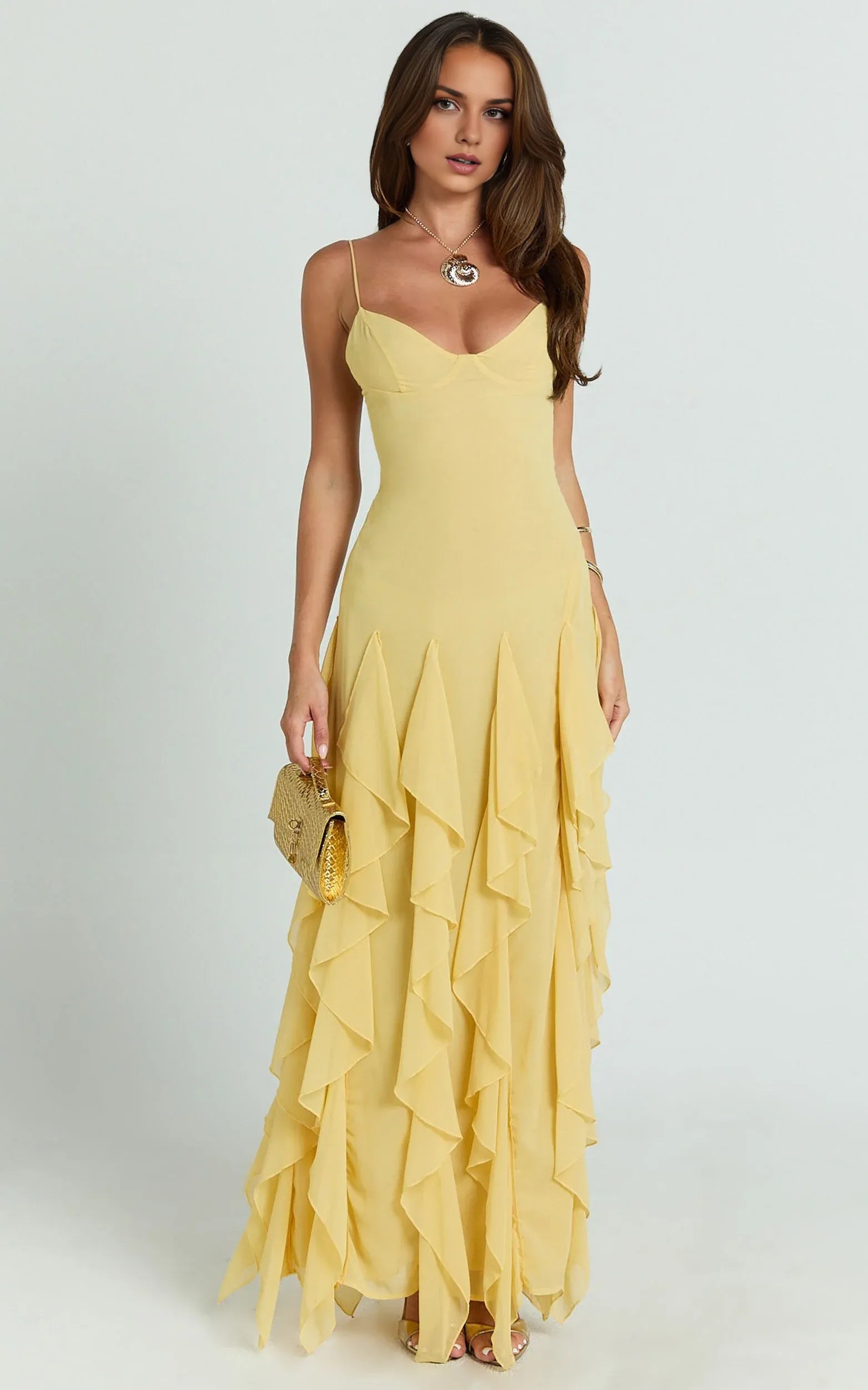 Weitese Dress Romantic V Neck Ruffle Tier Slip Blue Dress Solid Color Sleeveless Backless Spaghetti Straps Party Evening Dress
