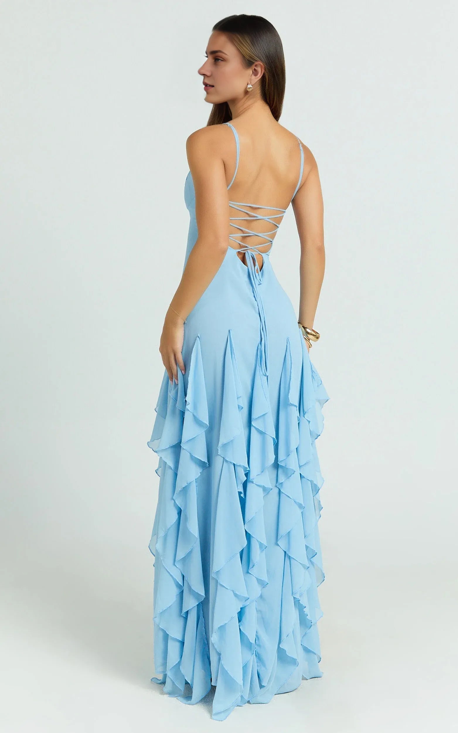 Weitese Dress Romantic V Neck Ruffle Tier Slip Blue Dress Solid Color Sleeveless Backless Spaghetti Straps Party Evening Dress