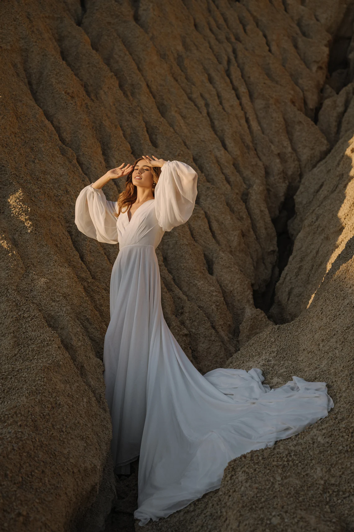 Weitese Dress Romantic Wedding Dress With Long Sleeves Long Train Wedding Dress Chiffon Bridal Gown Off White Color Wedding Dress