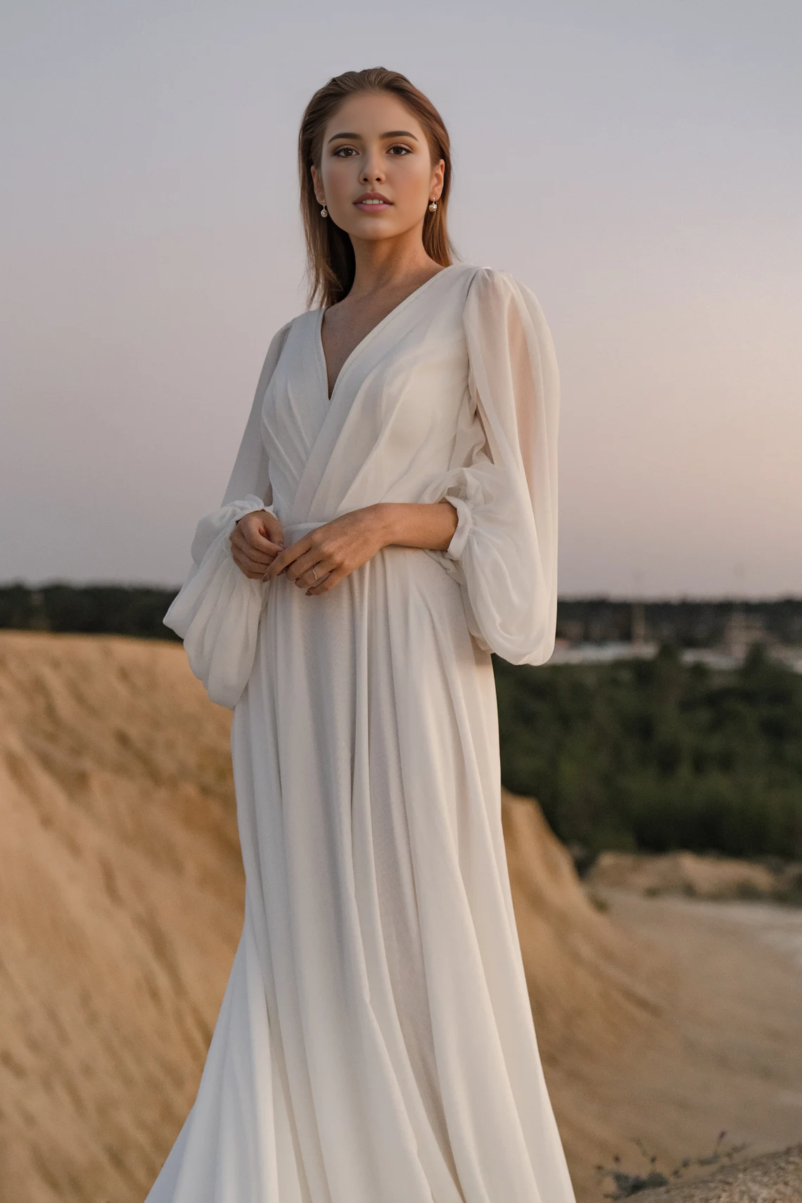 Weitese Dress Romantic Wedding Dress With Long Sleeves Long Train Wedding Dress Chiffon Bridal Gown Off White Color Wedding Dress