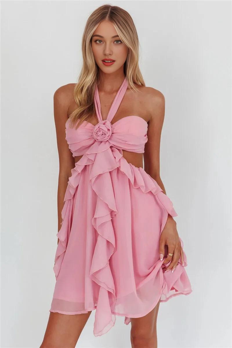 Weitese Dress Rose Halter Backless Sexy Mini Dress Women Pink off-Shoulder Strapless Sleeveless High Waist Club Party Beach Dress Homecoming Dress