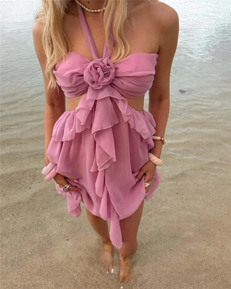 Robe Weitese Rose Halter Dos Nu Sexy Mini Robe Femmes Rose Épaules Dénudées Sans Manches Taille Haute Club Fête Plage Robe Robe De Retour 