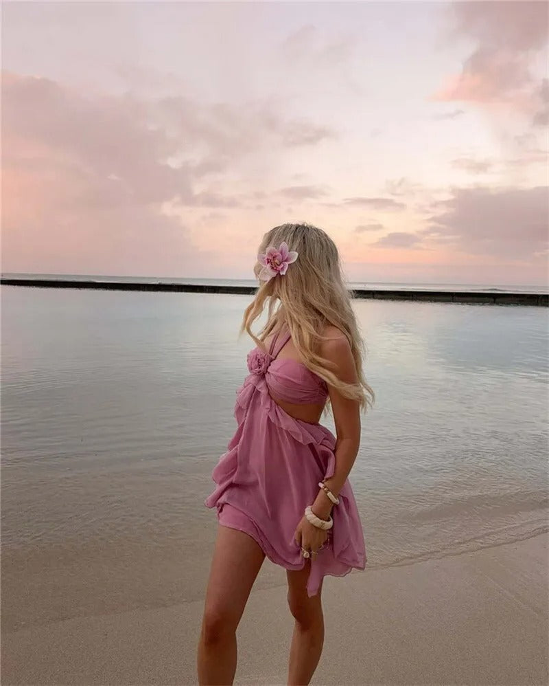 Robe Weitese Rose Halter Dos Nu Sexy Mini Robe Femmes Rose Épaules Dénudées Sans Manches Taille Haute Club Fête Plage Robe Robe De Retour 