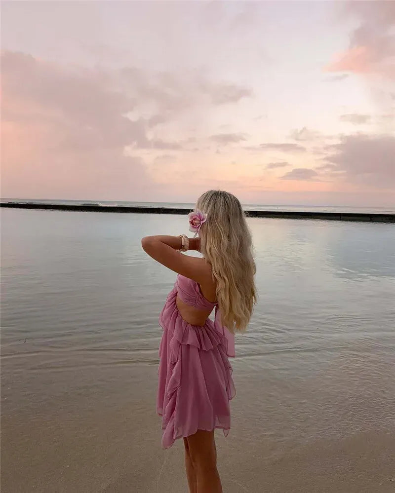 Robe Weitese Rose Halter Dos Nu Sexy Mini Robe Femmes Rose Épaules Dénudées Sans Manches Taille Haute Club Fête Plage Robe Robe De Retour 