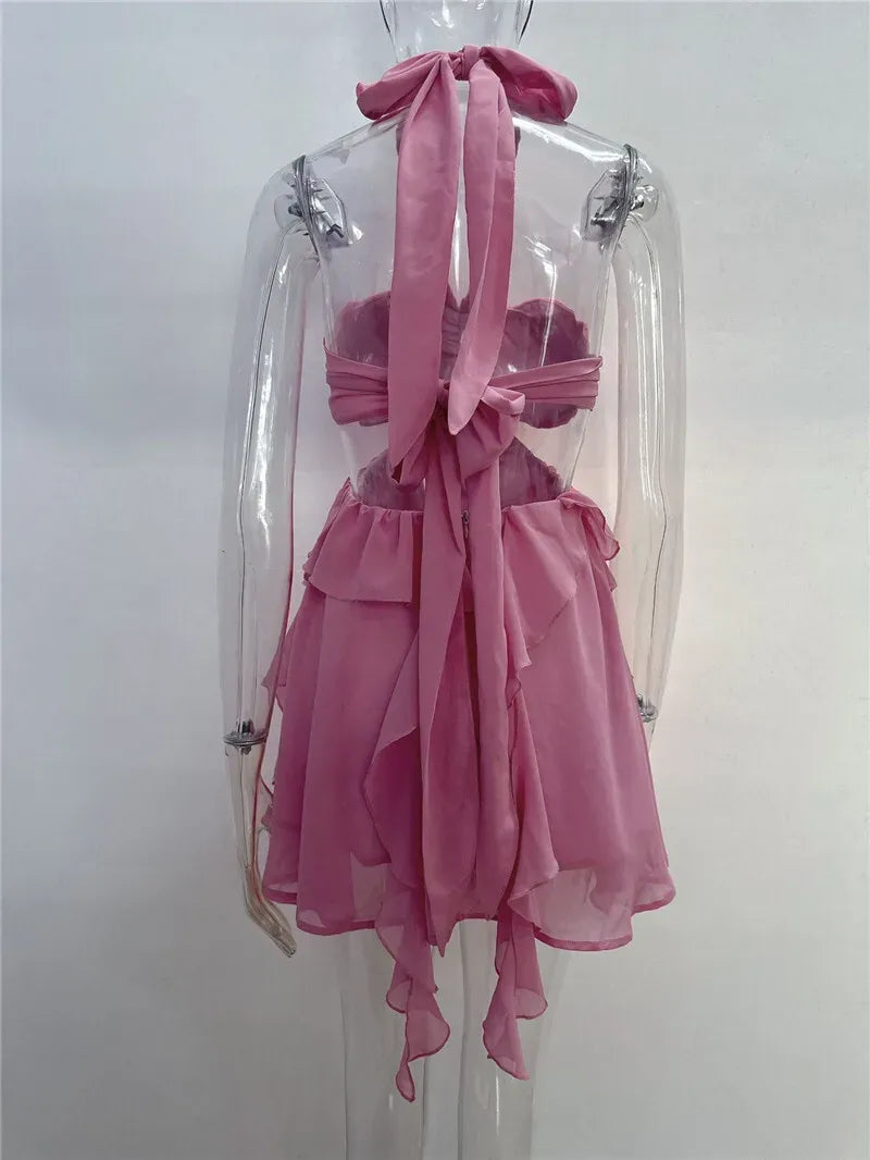 Robe Weitese Rose Halter Dos Nu Sexy Mini Robe Femmes Rose Épaules Dénudées Sans Manches Taille Haute Club Fête Plage Robe Robe De Retour 