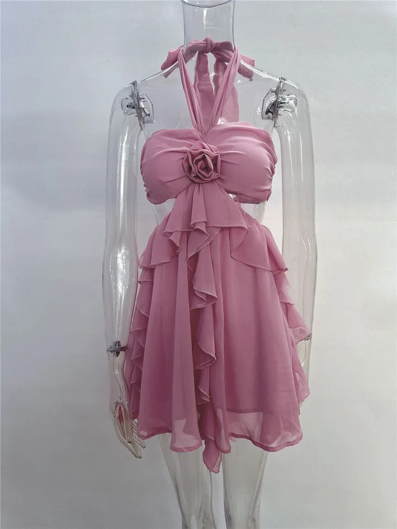 Robe Weitese Rose Halter Dos Nu Sexy Mini Robe Femmes Rose Épaules Dénudées Sans Manches Taille Haute Club Fête Plage Robe Robe De Retour 