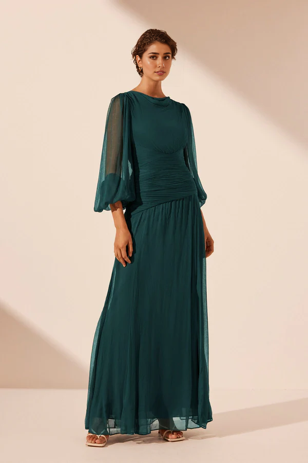 Weitese Dress Round Neck 3/4long Sleeve Maxi Dress A-line Dark Teal Party Dress Evening Dress With Slit