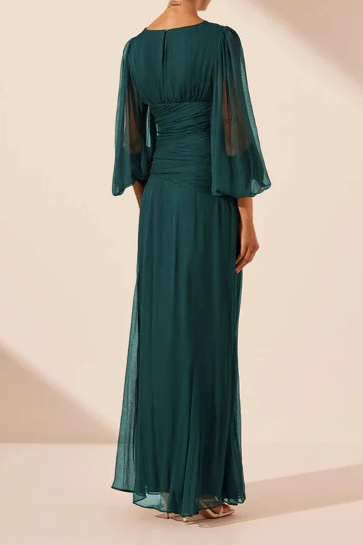 Vestido Weitese de cuello redondo, manga 3/4, maxivestido de corte A en verde azulado oscuro, vestido de fiesta, vestido de noche con abertura 