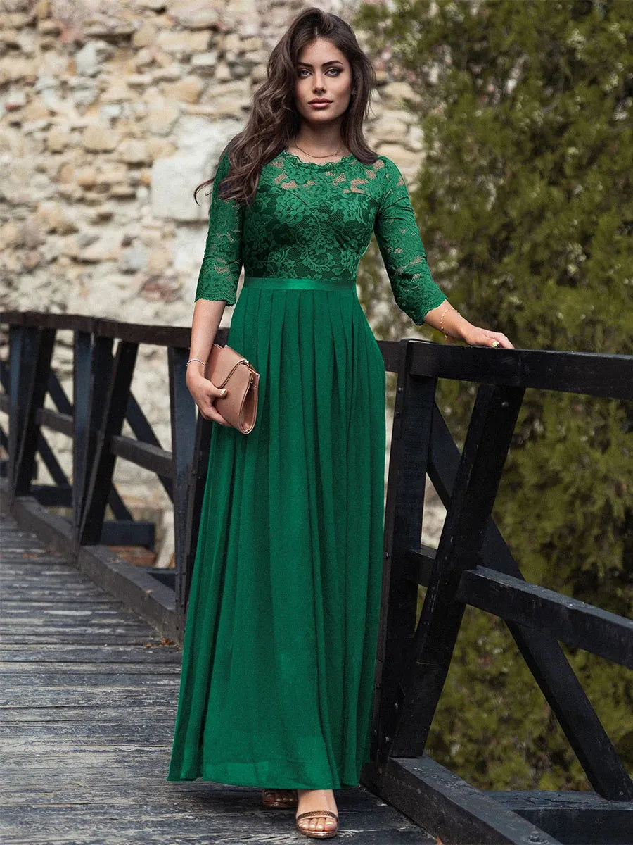 Weitese Dress Round Neck Maxi Dresses Lace Bodice Three Quarters Layered Prom Dress Mother of the Bride Dress