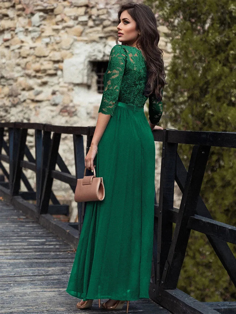 Weitese Dress Round Neck Maxi Dresses Lace Bodice Three Quarters Layered Prom Dress Mother of the Bride Dress