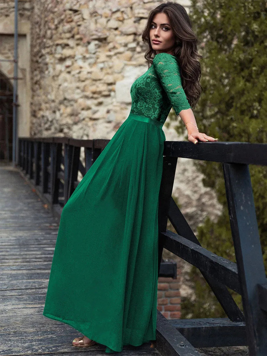 Weitese Dress Round Neck Maxi Dresses Lace Bodice Three Quarters Layered Prom Dress Mother of the Bride Dress