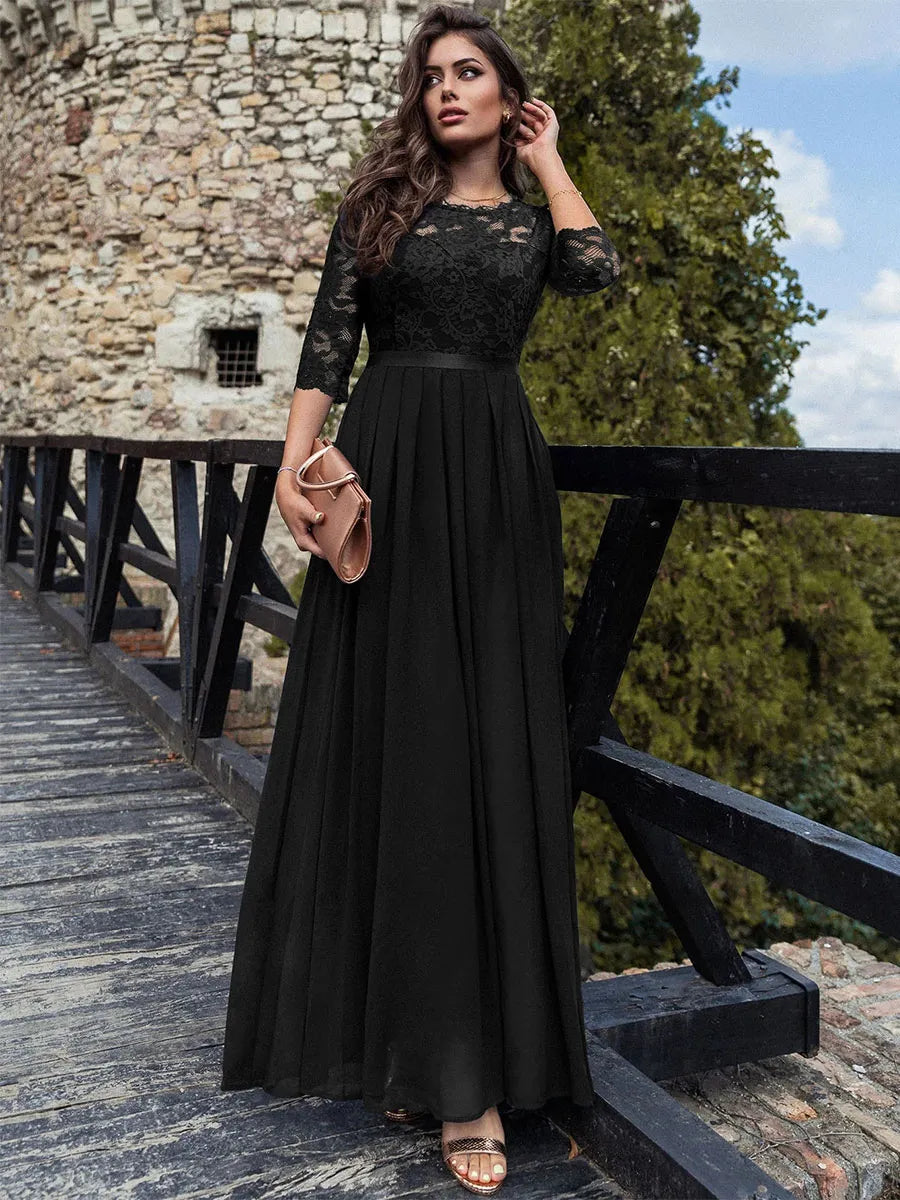 Weitese Dress Round Neck Maxi Dresses Lace Bodice Three Quarters Layered Prom Dress Mother of the Bride Dress