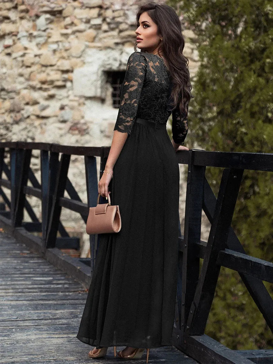 Weitese Dress Round Neck Maxi Dresses Lace Bodice Three Quarters Layered Prom Dress Mother of the Bride Dress