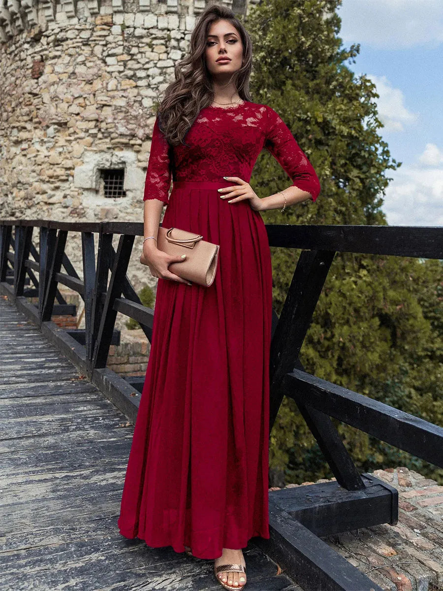 Weitese Dress Round Neck Maxi Dresses Lace Bodice Three Quarters Layered Prom Dress Mother of the Bride Dress
