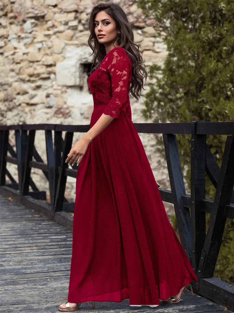 Weitese Dress Round Neck Maxi Dresses Lace Bodice Three Quarters Layered Prom Dress Mother of the Bride Dress