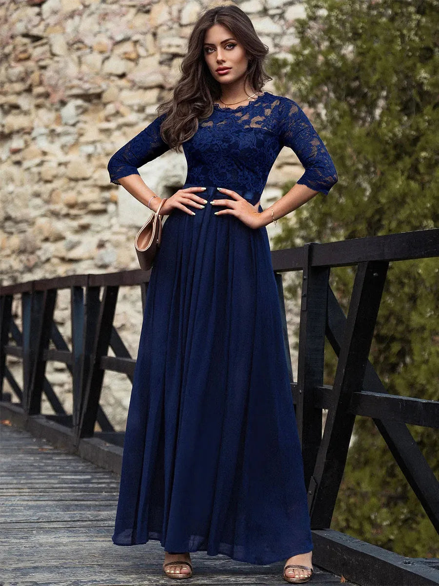 Weitese Dress Round Neck Maxi Dresses Lace Bodice Three Quarters Layered Prom Dress Mother of the Bride Dress