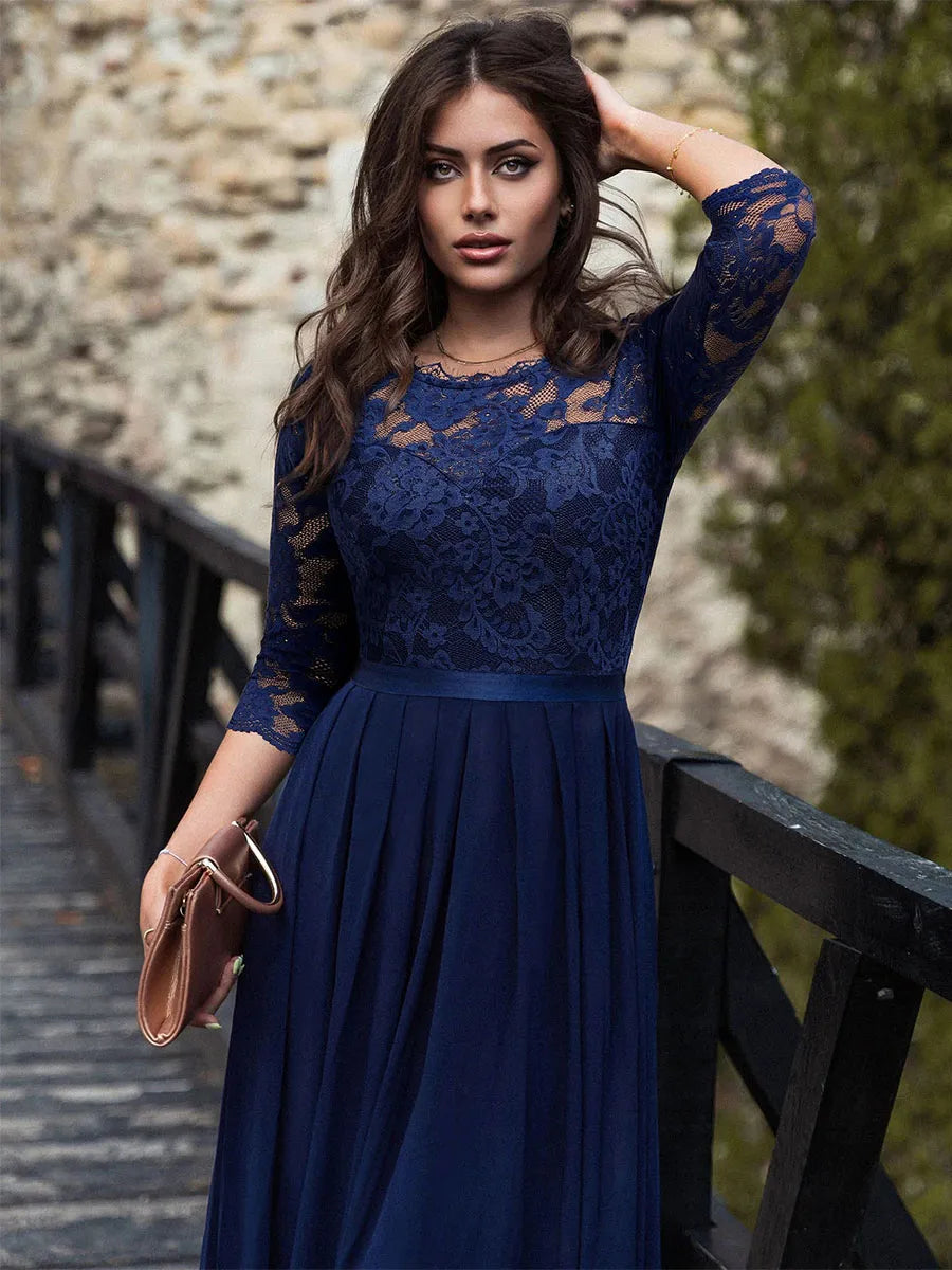 Weitese Dress Round Neck Maxi Dresses Lace Bodice Three Quarters Layered Prom Dress Mother of the Bride Dress