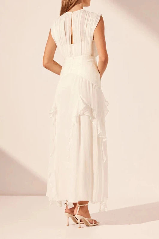 Vestido Weitese de cuello redondo, sin mangas, largo hasta los tobillos, color marfil, con volantes, para fiesta y noche. 