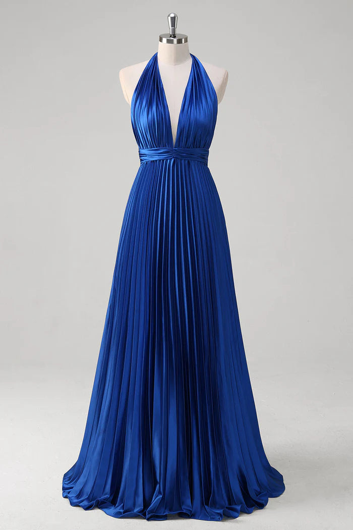 Robe Weitese bleu roi, robe de soirée trapèze, dos nu, robe longue sans manches avec robe de bal plissée 