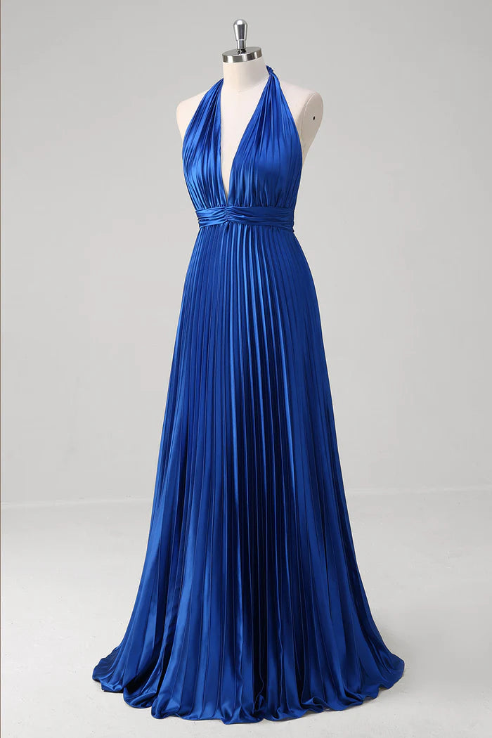 Vestido Weitese azul real, corte A, vestido de fiesta con cuello halter, vestido largo sin mangas con pliegues, vestido de fiesta 