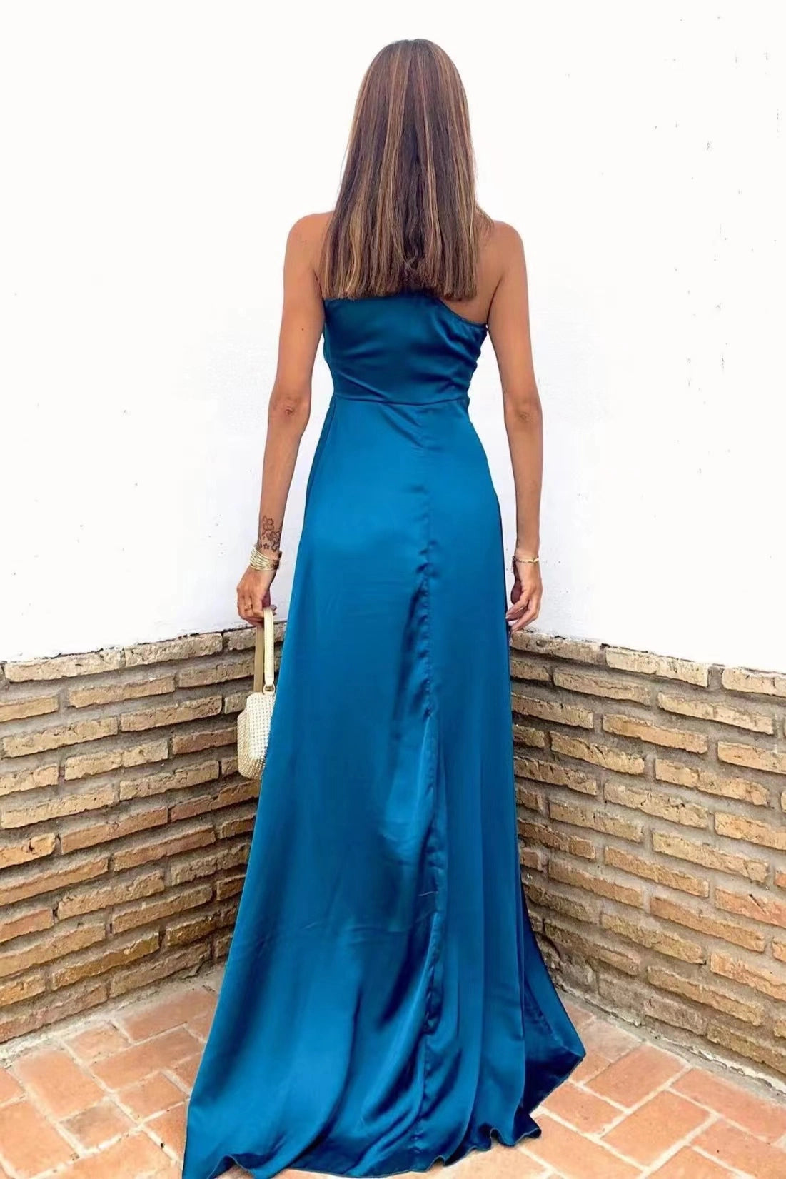 Vestido de fiesta azul rey glamuroso de Weitese, sin mangas, con un solo hombro y abertura alta, con cola larga 