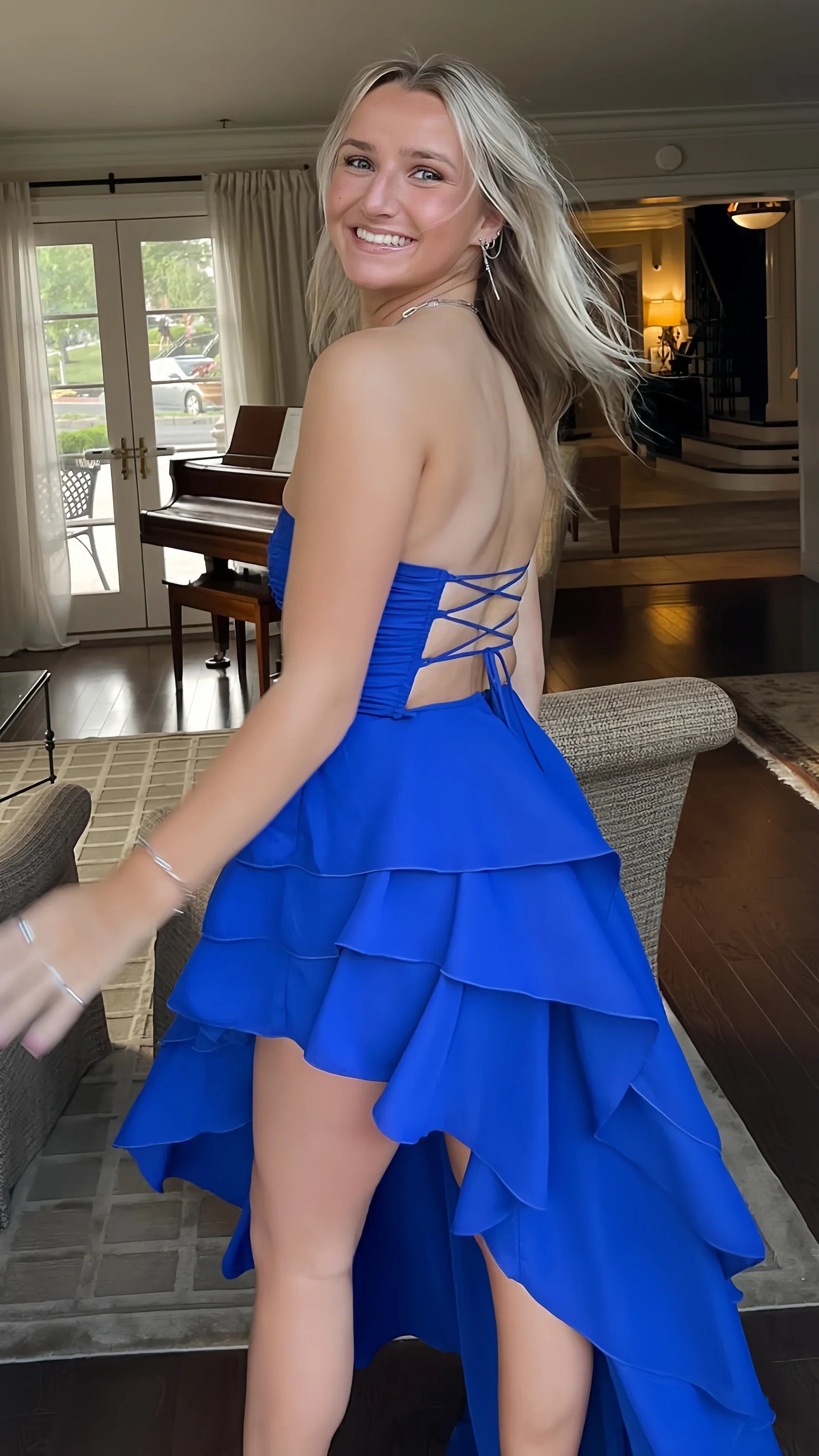 Weitese Dress Royal Blue Long Pleated Prom Dresses Strapless Ruffle Asymmetrical Hem Party Gown