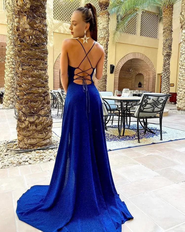 Weitese Dress Royal Blue Mermaid Spaghetti-Straps Cowl Neck Evening Dress A-line With Hight Slit Prom Dress