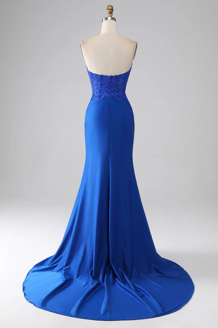 Weitese Dress Royal Blue Mermaid Strapless Party Dress Sleeveless Maxi Dress With Appliques Prom Dress