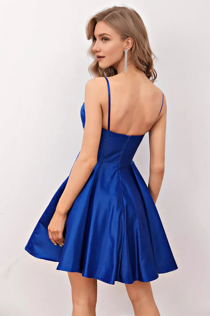 Weitese Dress Royal Blue Satin Short Homecoming Dress Spaghetti Straps A-Line V Neck Party Dress