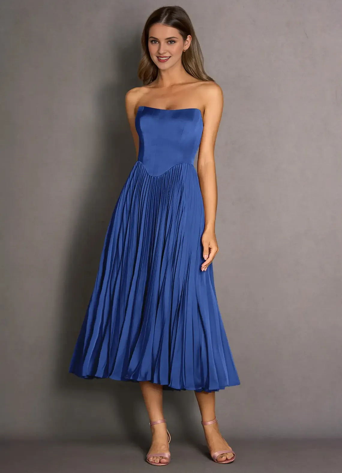 Robe Weitese bleu marine, sans bretelles, simple, plissée, longue, sans manches, couleur unie, à lacets, longueur thé, dos nu, robe de bal 