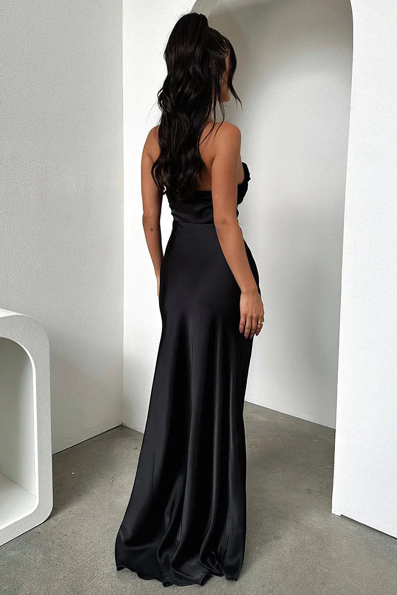 Weitese Dress Ruched Strapless Boat Neck Bodycon High Slit Gowns Sheath Maxi Prom Dresses