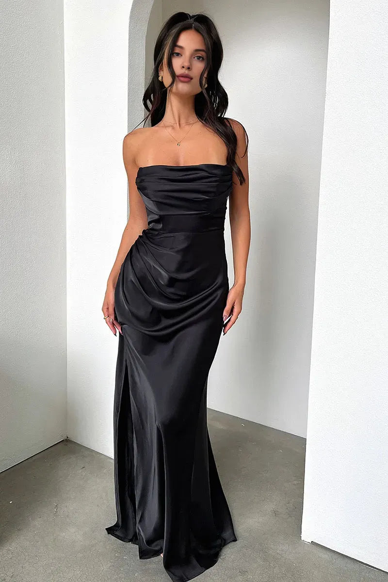 Weitese Dress Ruched Strapless Boat Neck Bodycon High Slit Gowns Sheath Maxi Prom Dresses