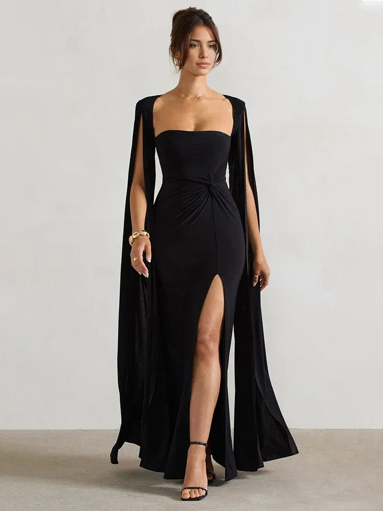 Weitese Dress Ruffle Elegant Cape Sleeve Maxi Dress with High Split Party Dress Black Chic Floor Length Prom Dress