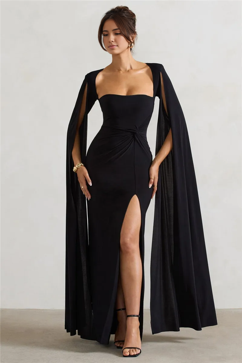 Weitese Dress Ruffle Elegant Cape Sleeve Maxi Dress with High Split Party Dress Black Chic Floor Length Prom Dress
