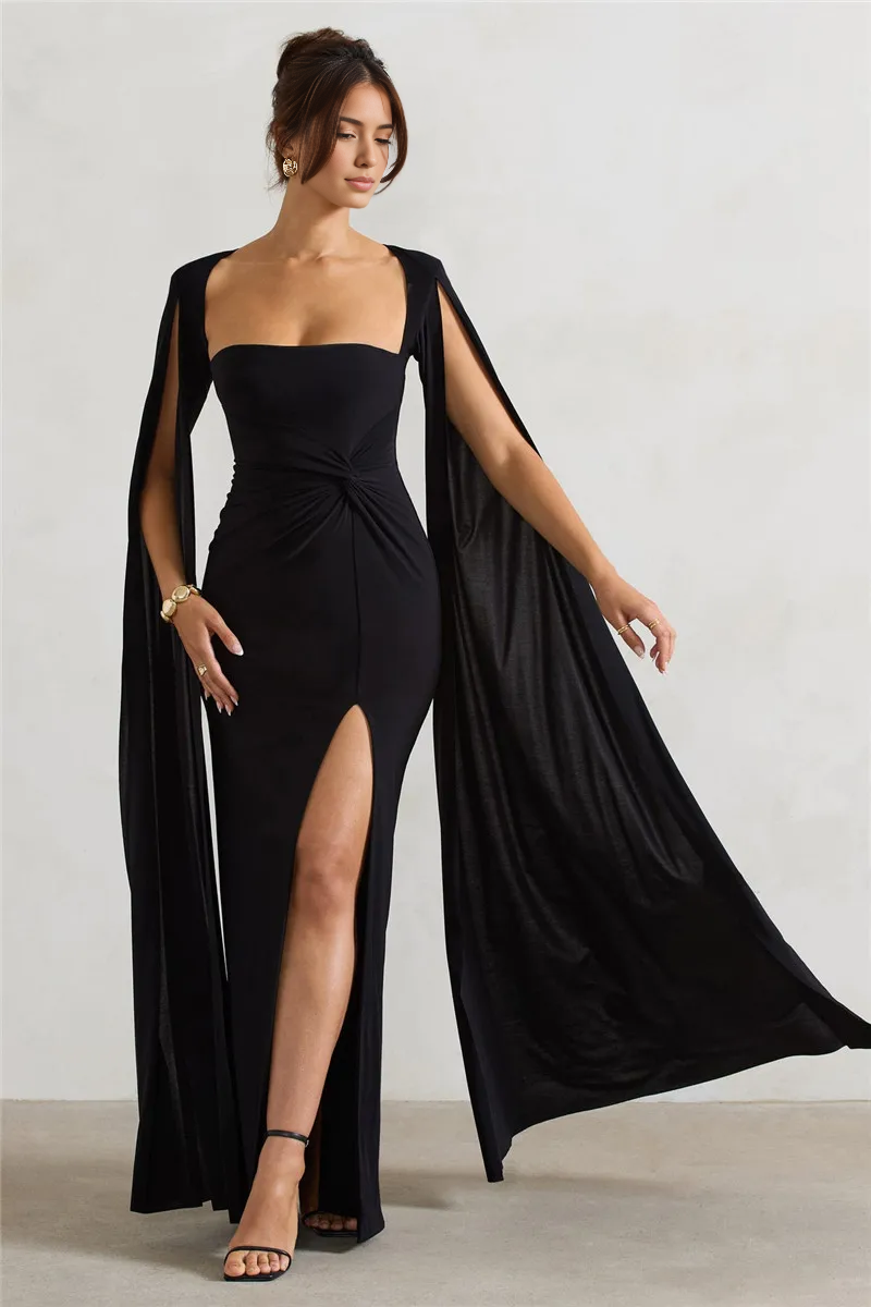 Weitese Dress Ruffle Elegant Cape Sleeve Maxi Dress with High Split Party Dress Black Chic Floor Length Prom Dress