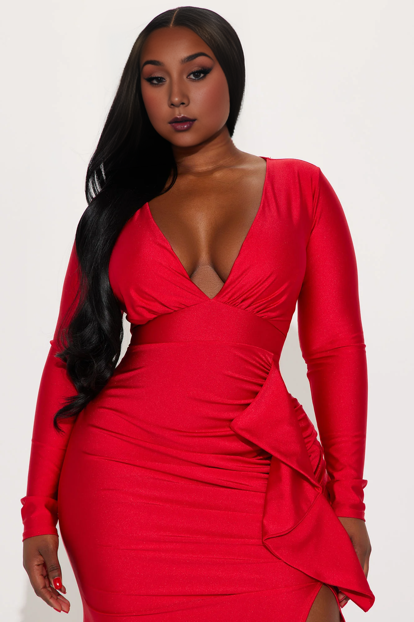 Weitese Dress Ruffle Maxi Dress Red Deep V Neck Long Sleeves Corset Mermaid Party Dress