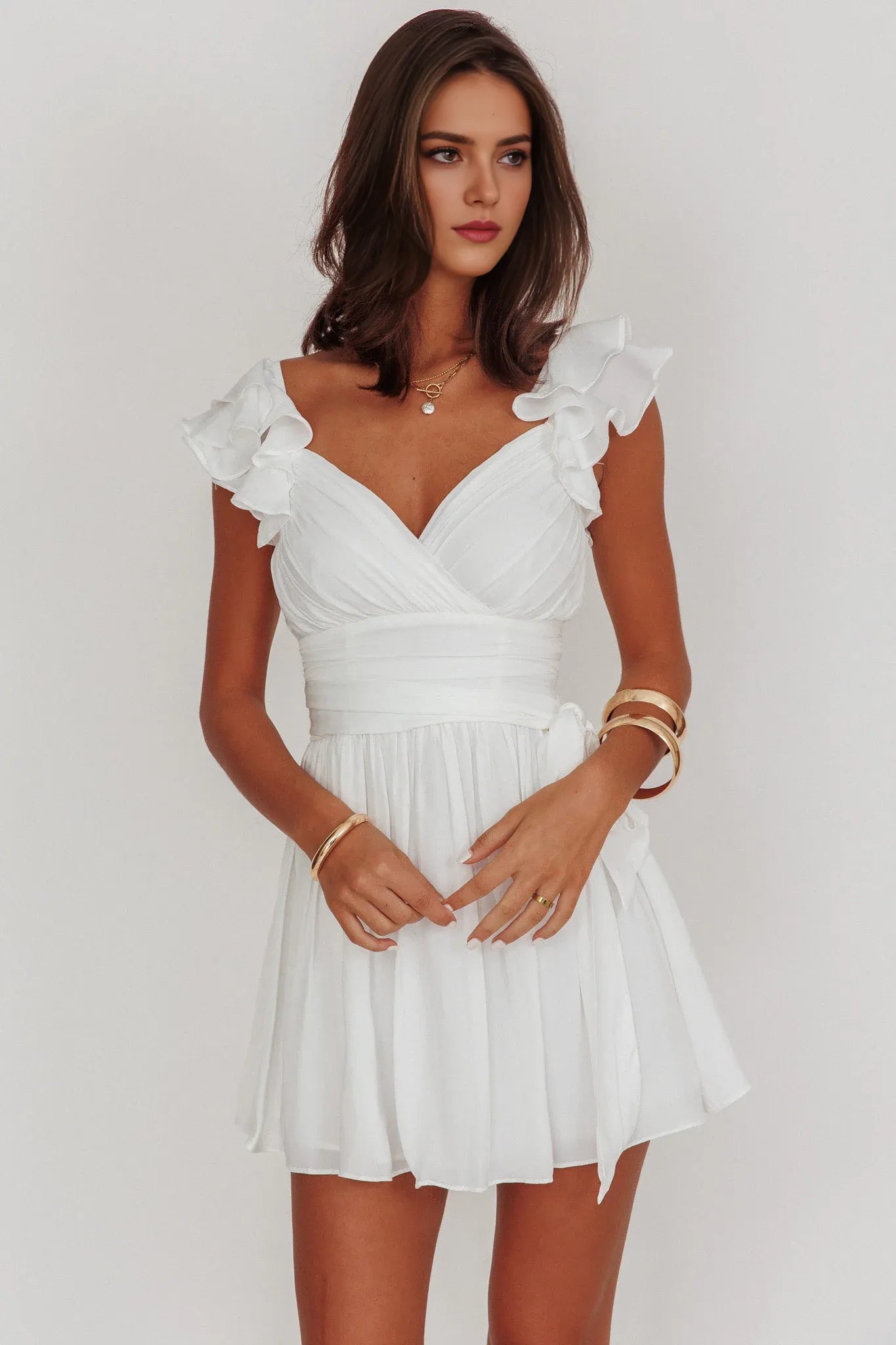 Weitese Dress Ruffle Shoulder Ruched Dress White Lace Up A-line Homecoming Dress