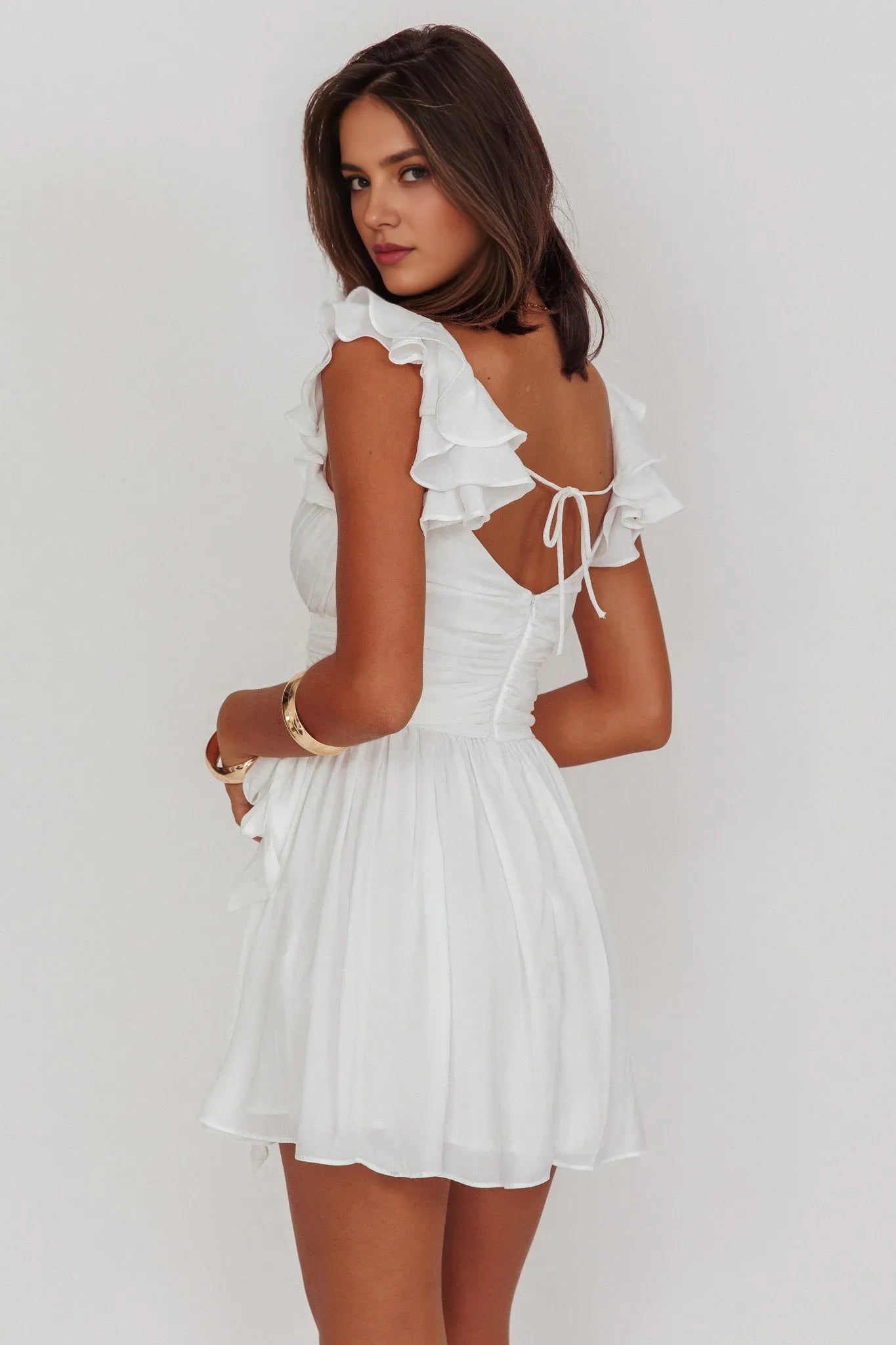 Weitese Dress Ruffle Shoulder Ruched Dress White Lace Up A-line Homecoming Dress