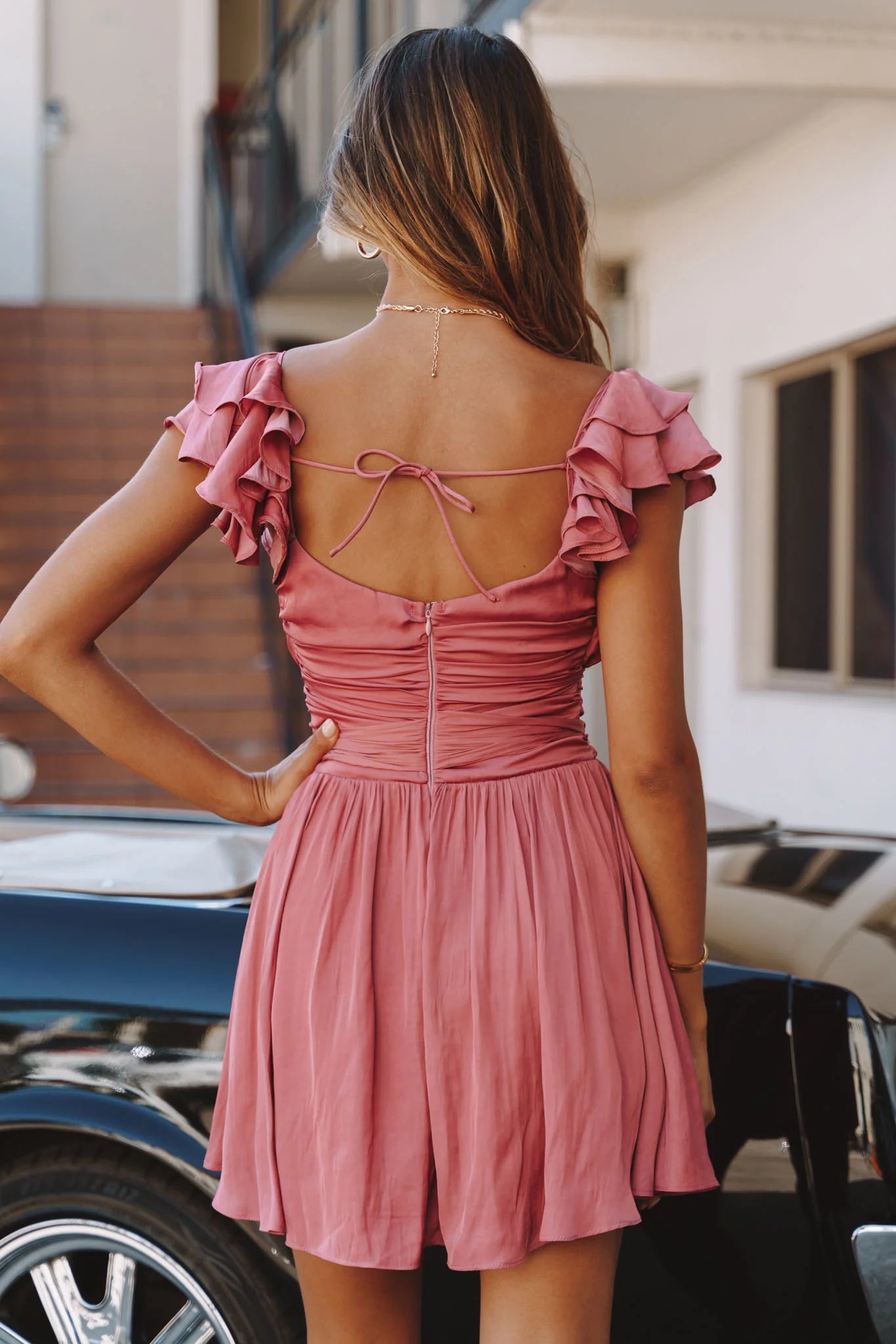 Weitese Dress Ruffle Shoulder Ruched Dress White Lace Up A-line Homecoming Dress