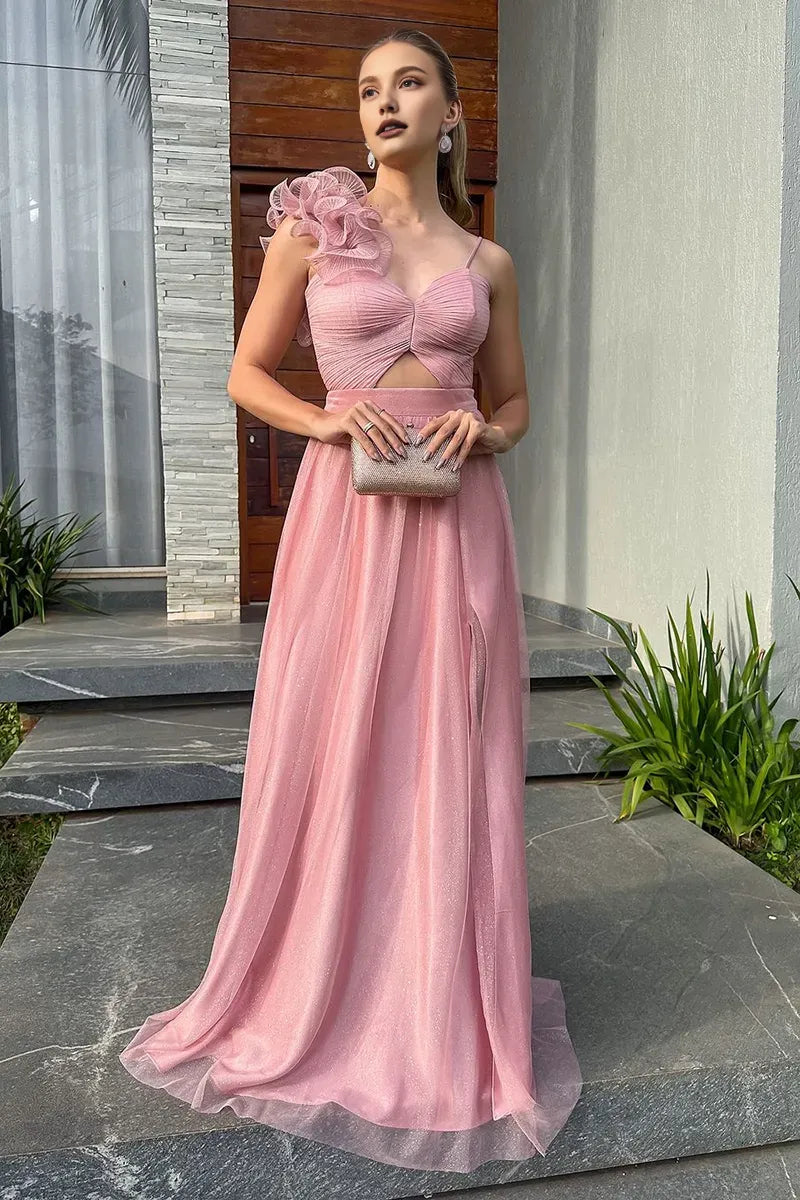 Robe Weitese à volants, découpes, coupe trapèze, robes scintillantes, robe longue à enfiler, robe de bal rose 