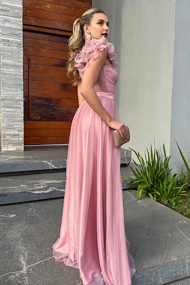 Robe Weitese à volants, découpes, coupe trapèze, robes scintillantes, robe longue à enfiler, robe de bal rose 
