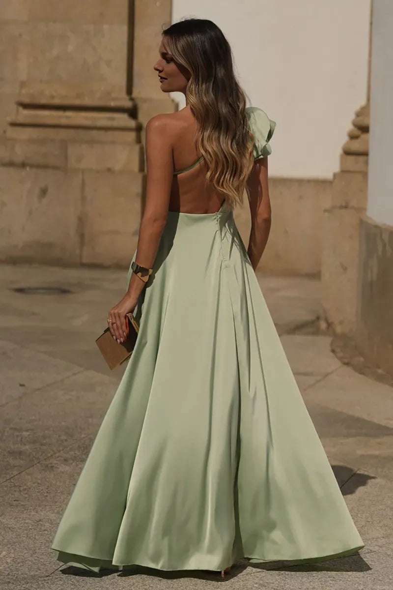 Weitese Dress Ruffled One Shoulder High Slit Backless Gowns Maxi Prom Dresses Green Sleeveless